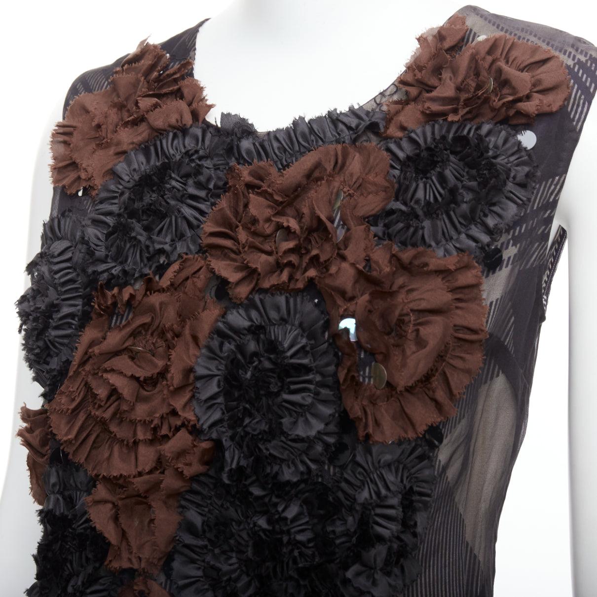Black DRIES VAN NOTEN 2013 brown black floral applique plaid sheer dress FR36 S