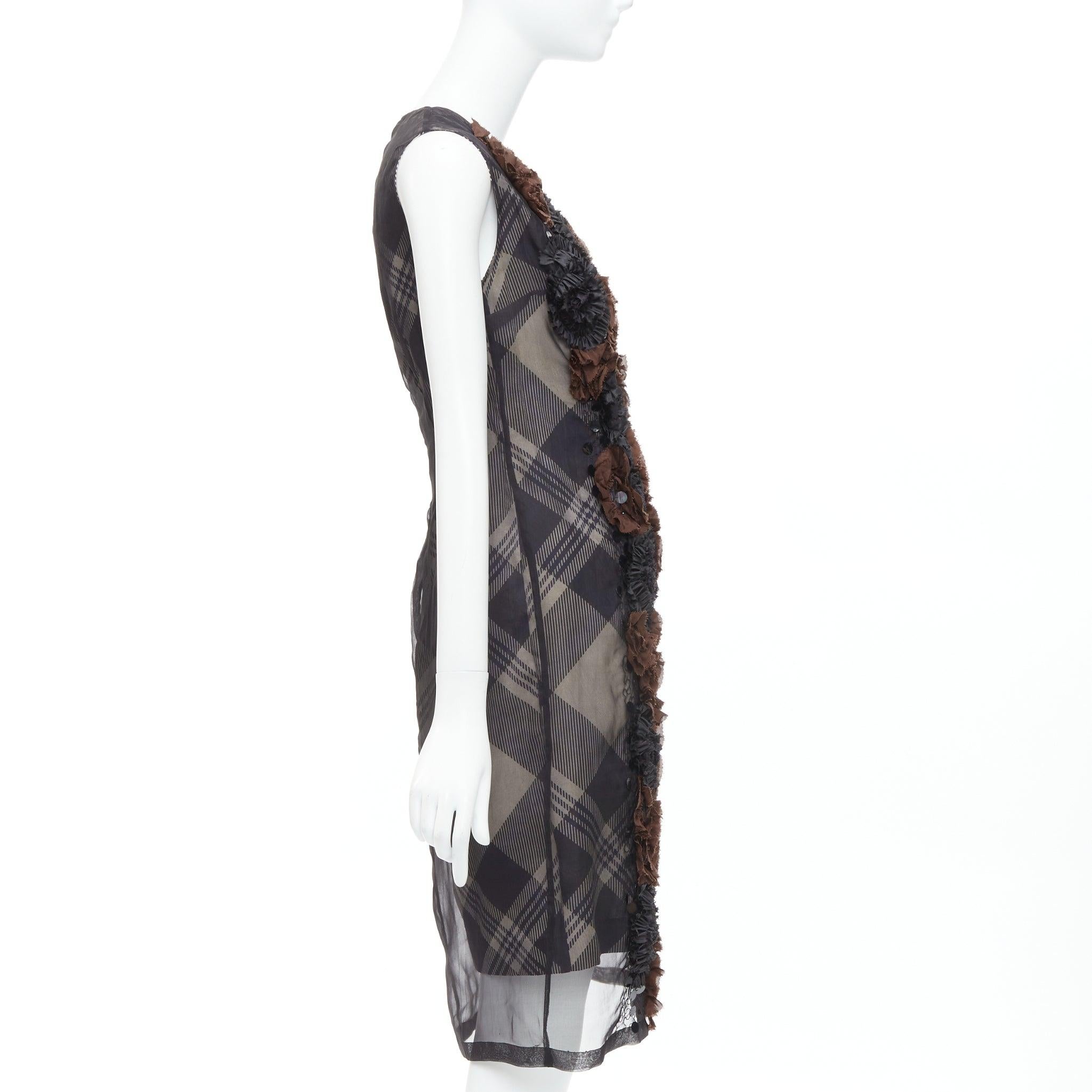 DRIES VAN NOTEN 2013 brown black floral applique plaid sheer dress FR36 S In Excellent Condition In Hong Kong, NT