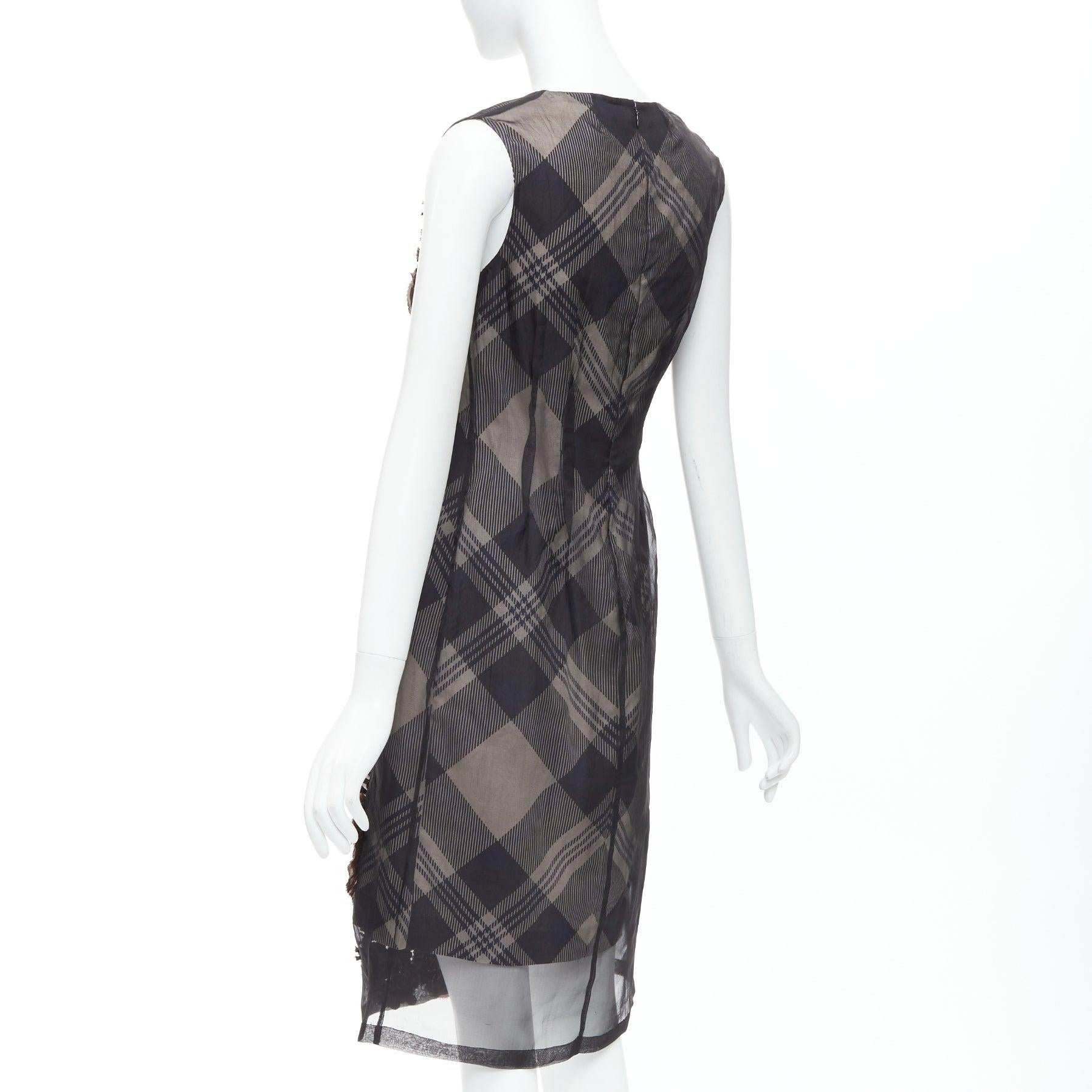 DRIES VAN NOTEN 2013 brown black floral applique plaid sheer dress FR36 S 1
