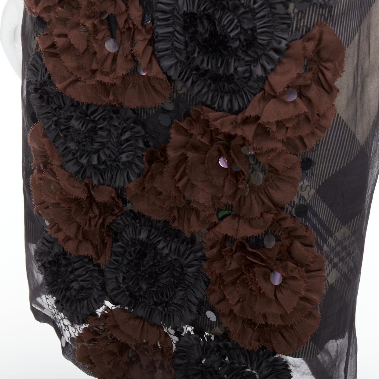 DRIES VAN NOTEN 2013 brown black floral applique plaid sheer dress FR36 S 2