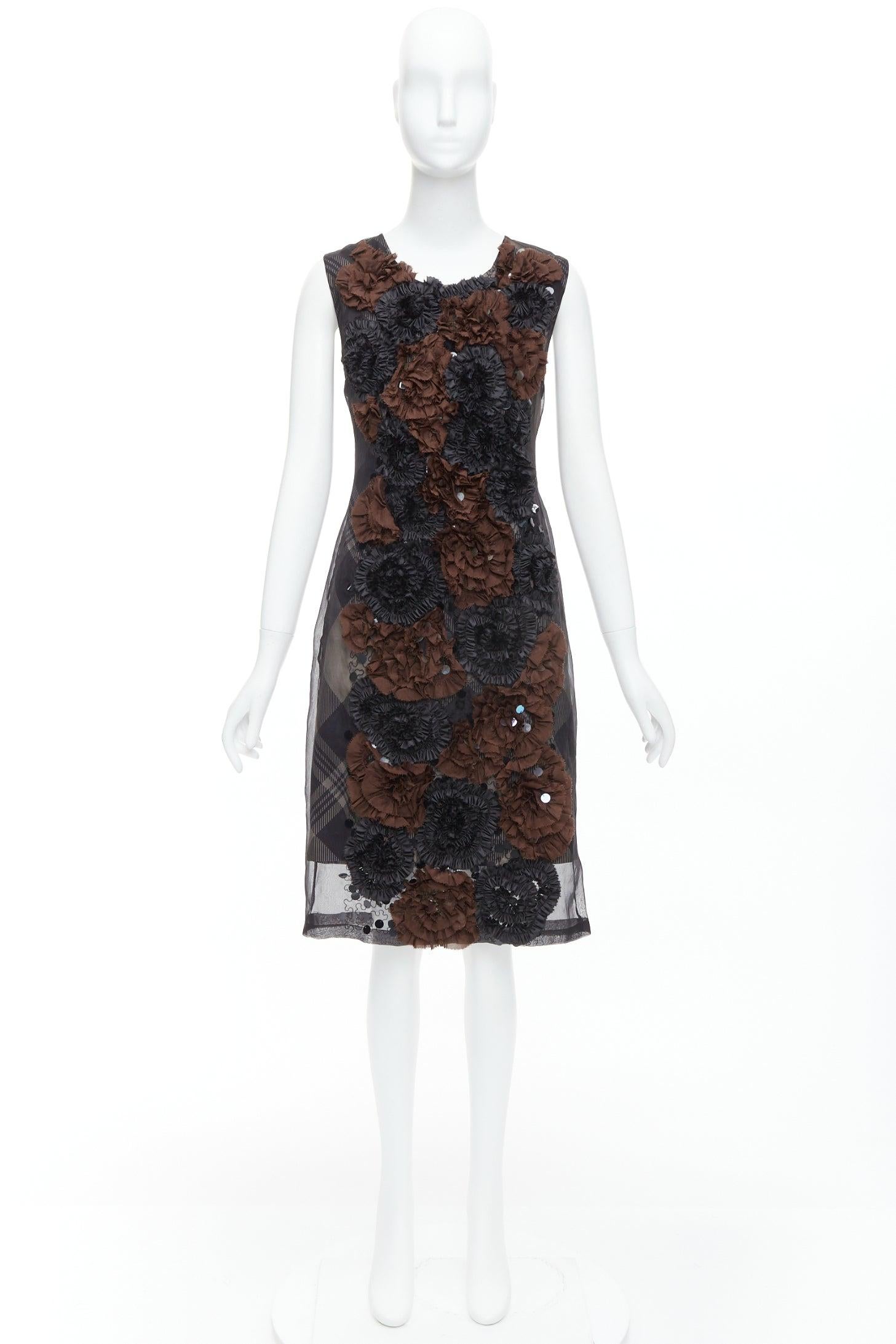 DRIES VAN NOTEN 2013 brown black floral applique plaid sheer dress FR36 S 4