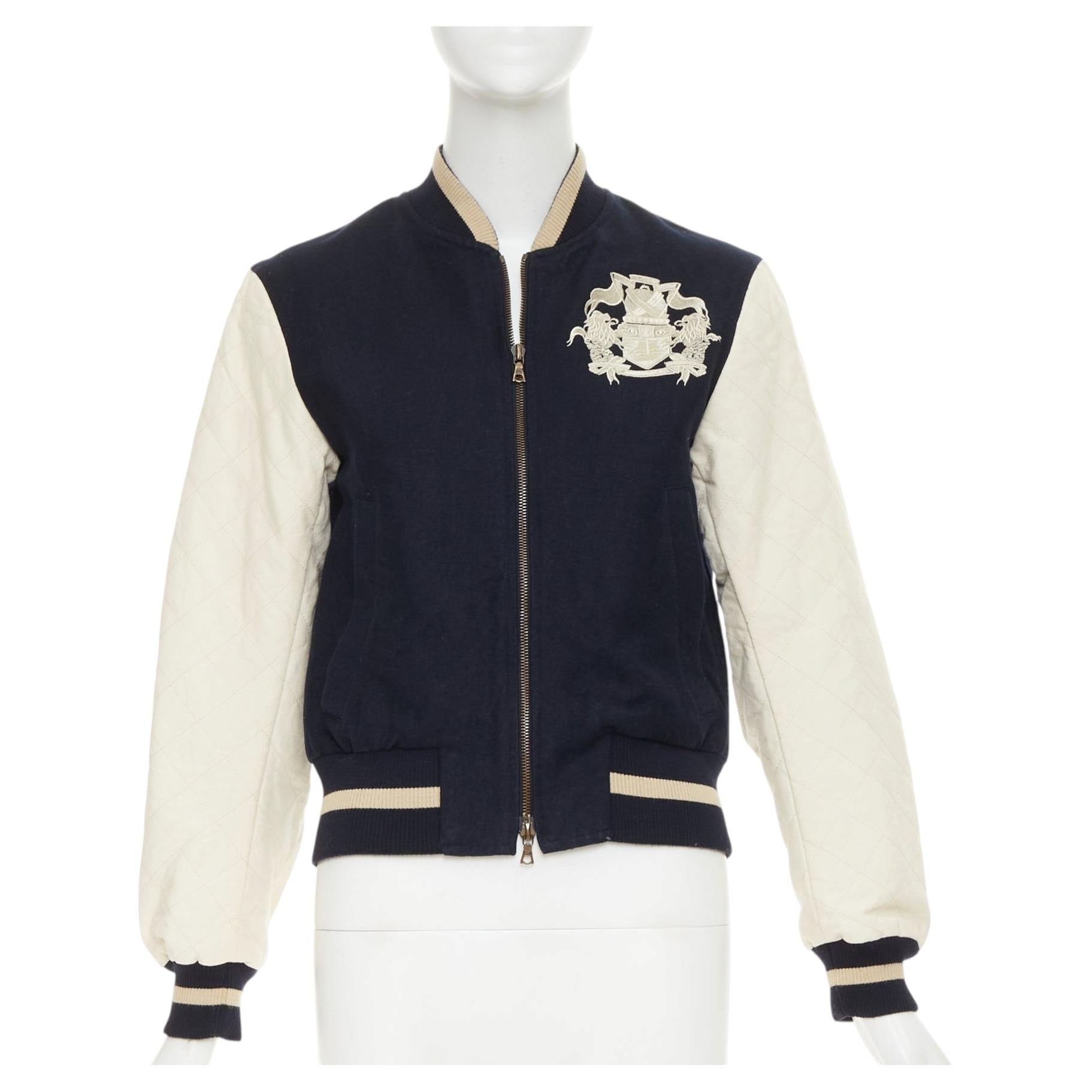 Pre-owned Dries Van Noten 2015 Runway Embroidered Linen Wool Varsity Bomber Jacket It42 M In Beige
