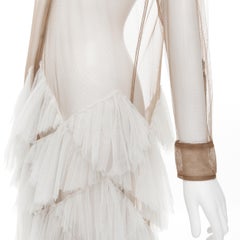 DRIES VAN NOTEN 2016 nude mesh white ruffle tulle skirt dress FR36 XS
