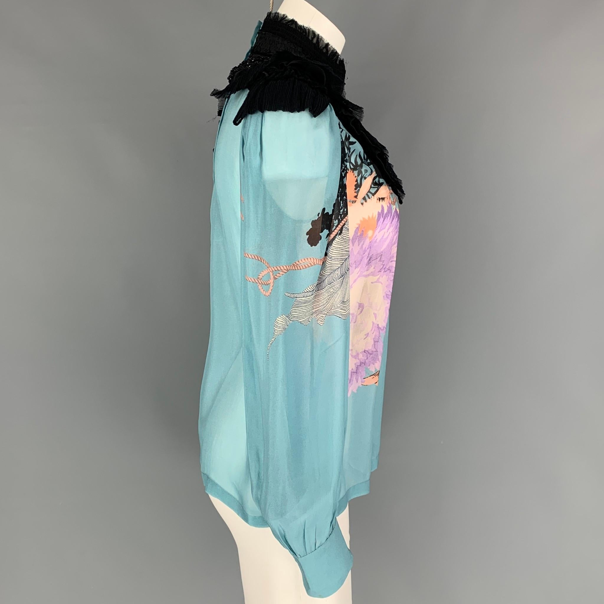 Gray DRIES VAN NOTEN 2016 Size 4 Blue Black Beaded Silk Mock Neck Blouse
