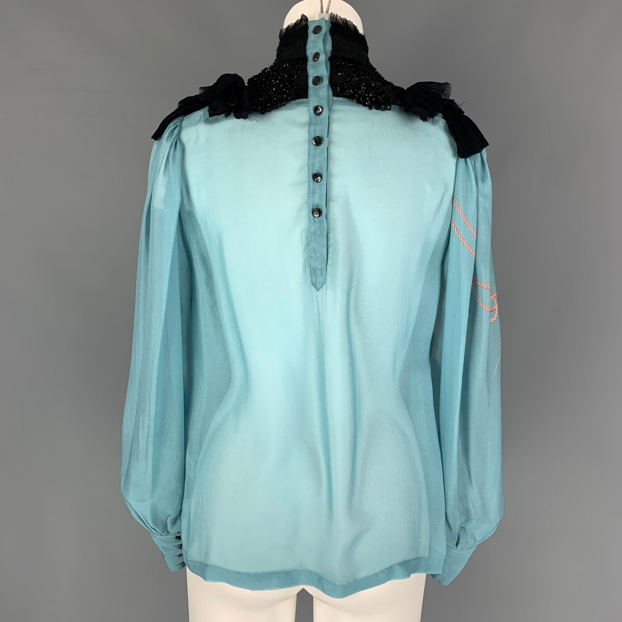 DRIES VAN NOTEN 2016 Size 4 Blue Black Beaded Silk Mock Neck Blouse In Good Condition In San Francisco, CA