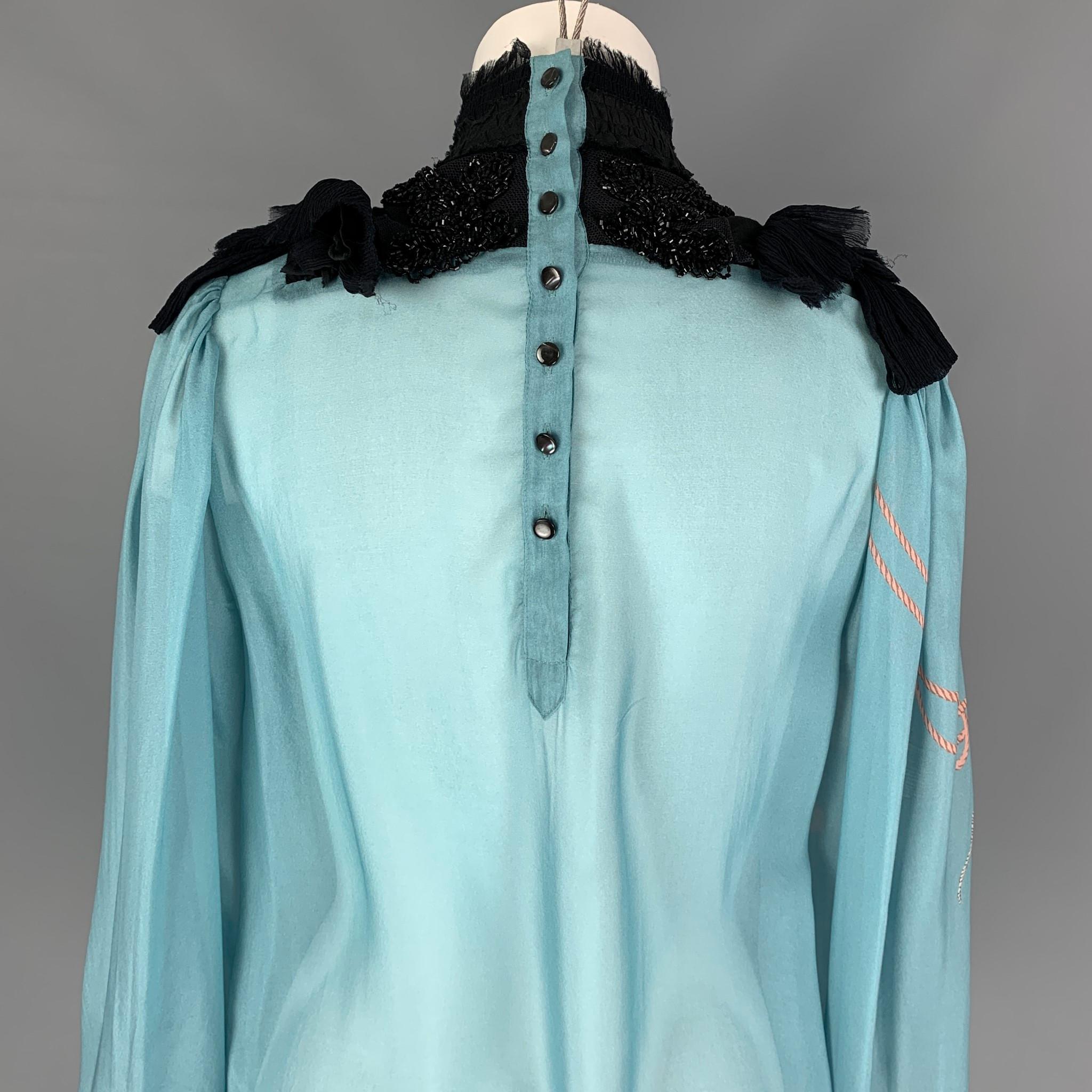 Women's DRIES VAN NOTEN 2016 Size 4 Blue Black Beaded Silk Mock Neck Blouse