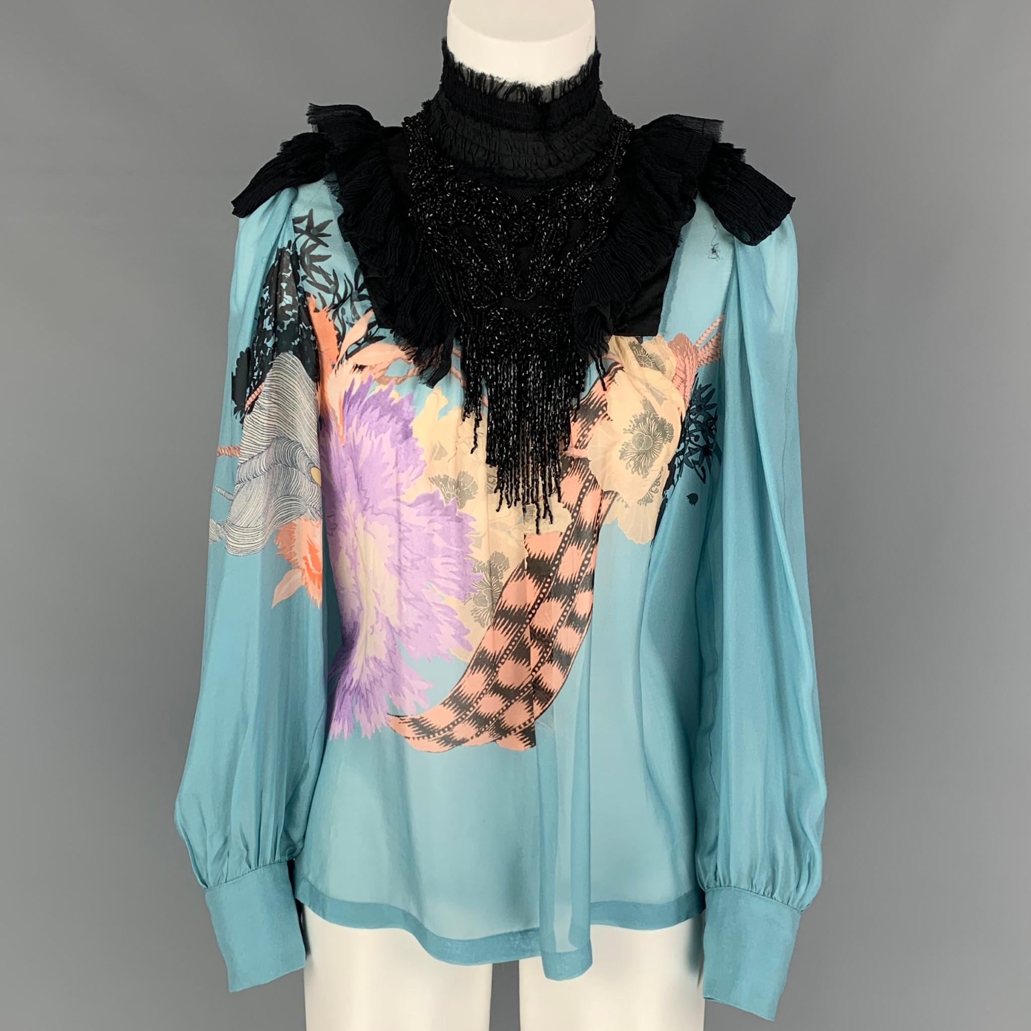 DRIES VAN NOTEN 2016 Size 4 Blue Black Beaded Silk Mock Neck Blouse