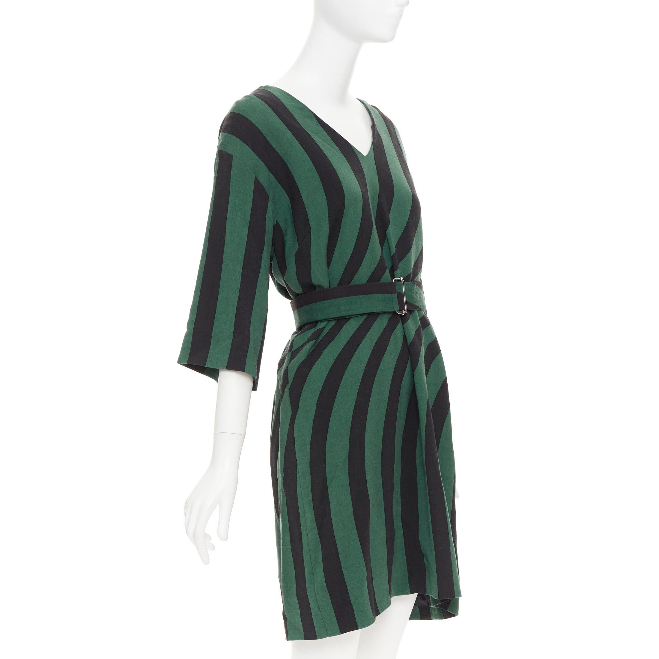 Black DRIES VAN NOTEN 2017 green black swirl stripes graphic belted dress FR42 XL For Sale