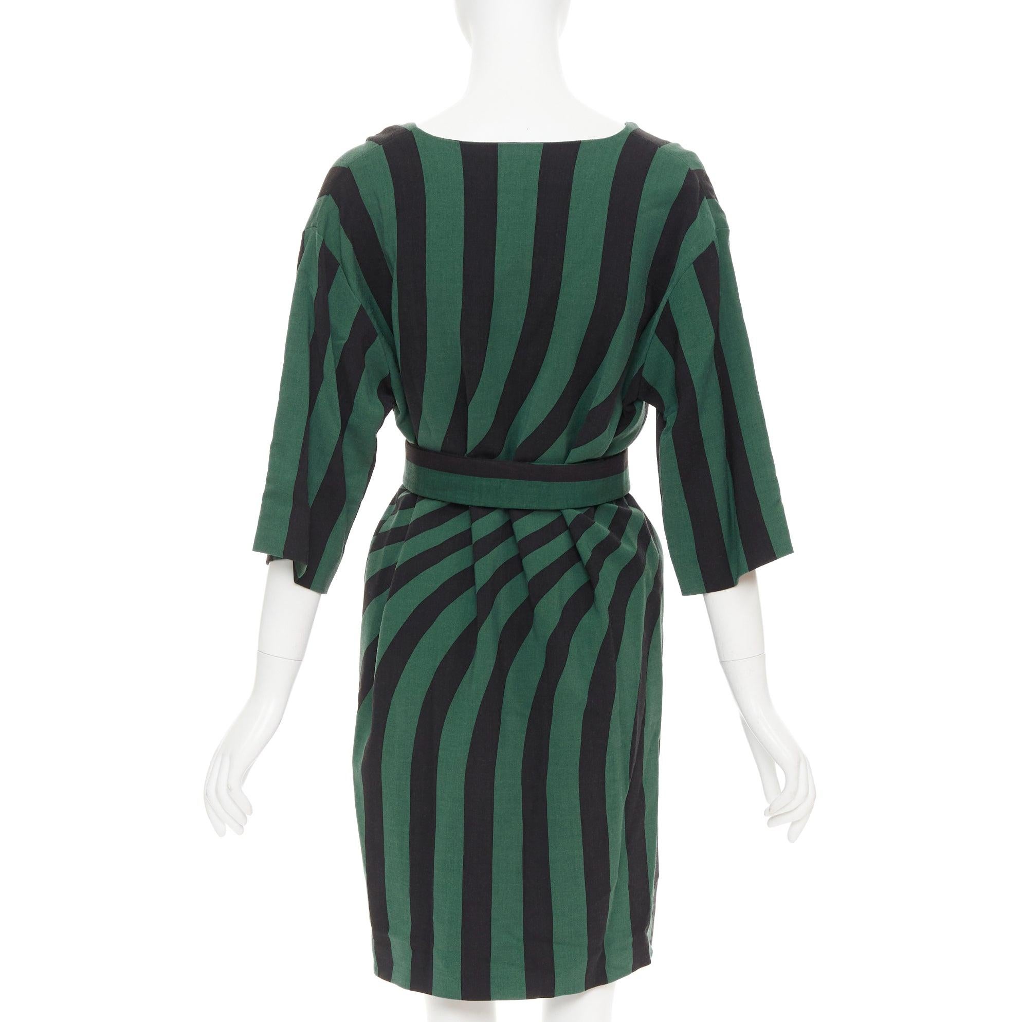 Women's DRIES VAN NOTEN 2017 green black swirl stripes graphic belted dress FR42 XL For Sale