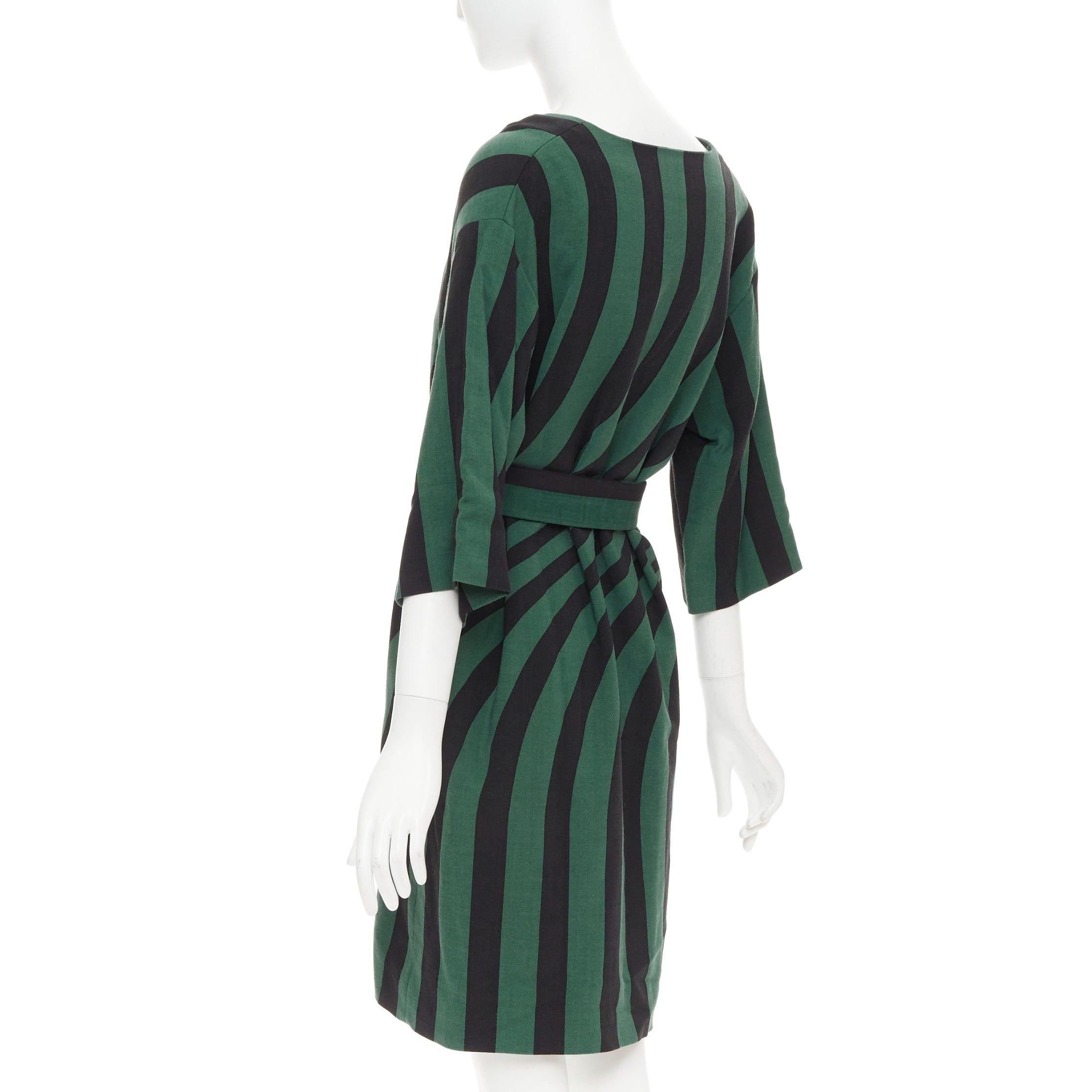 DRIES VAN NOTEN 2017 green black swirl stripes graphic belted dress FR42 XL For Sale 1