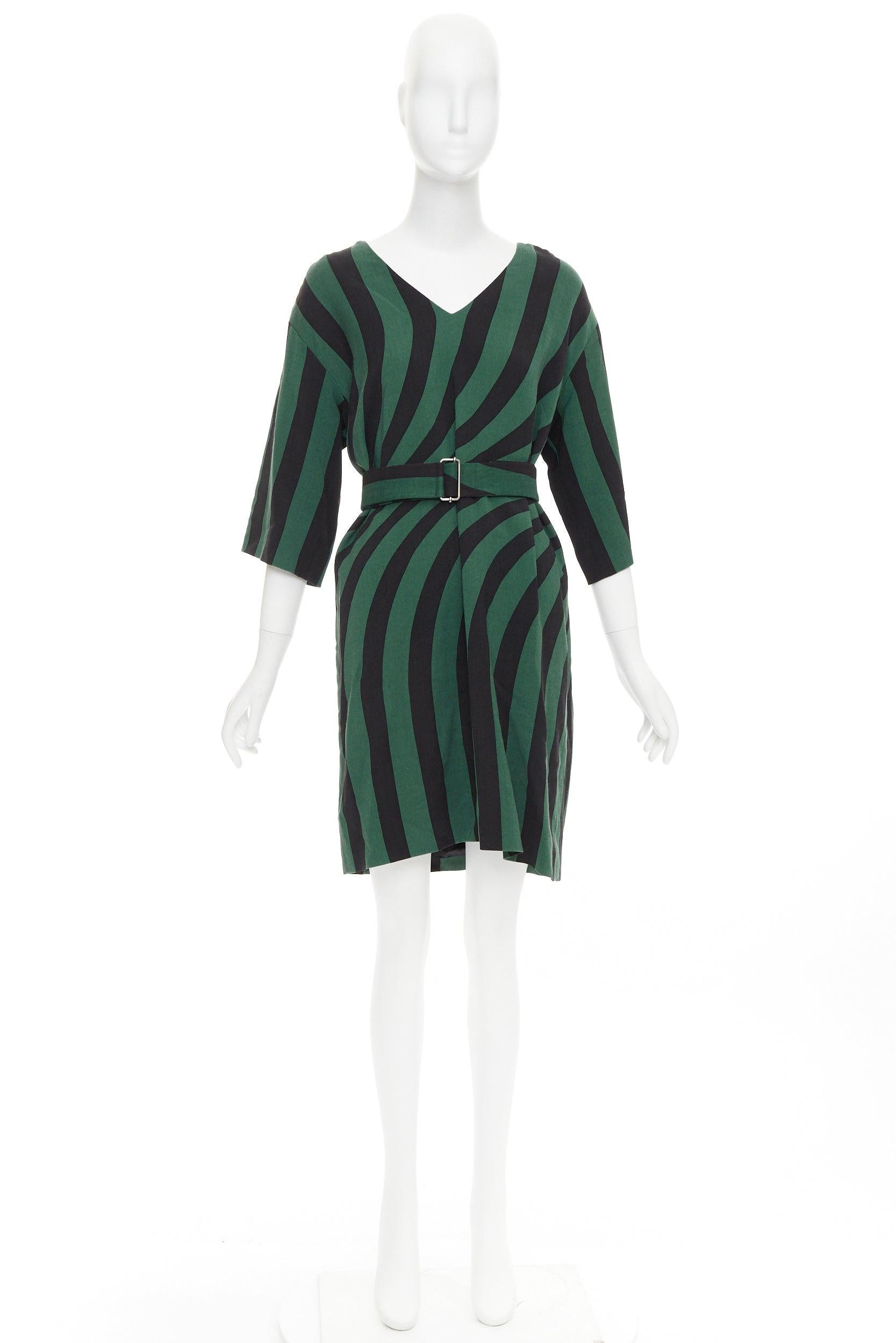 DRIES VAN NOTEN 2017 green black swirl stripes graphic belted dress FR42 XL For Sale 4