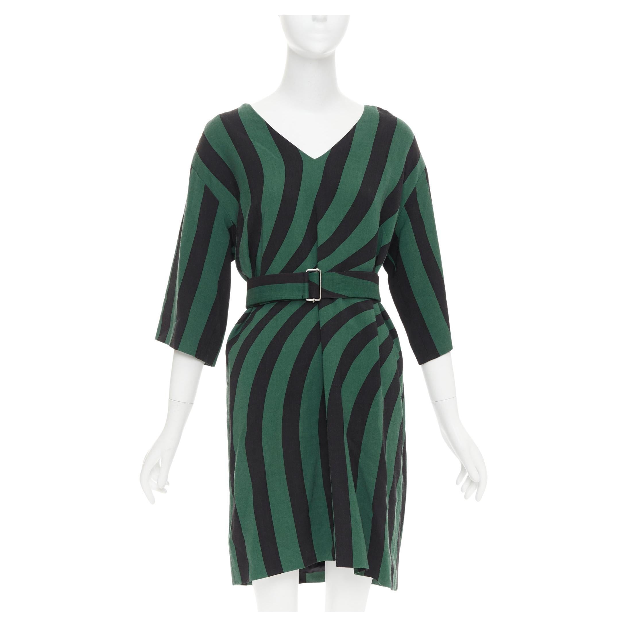 DRIES VAN NOTEN 2017 green black swirl stripes graphic belted dress FR42 XL For Sale