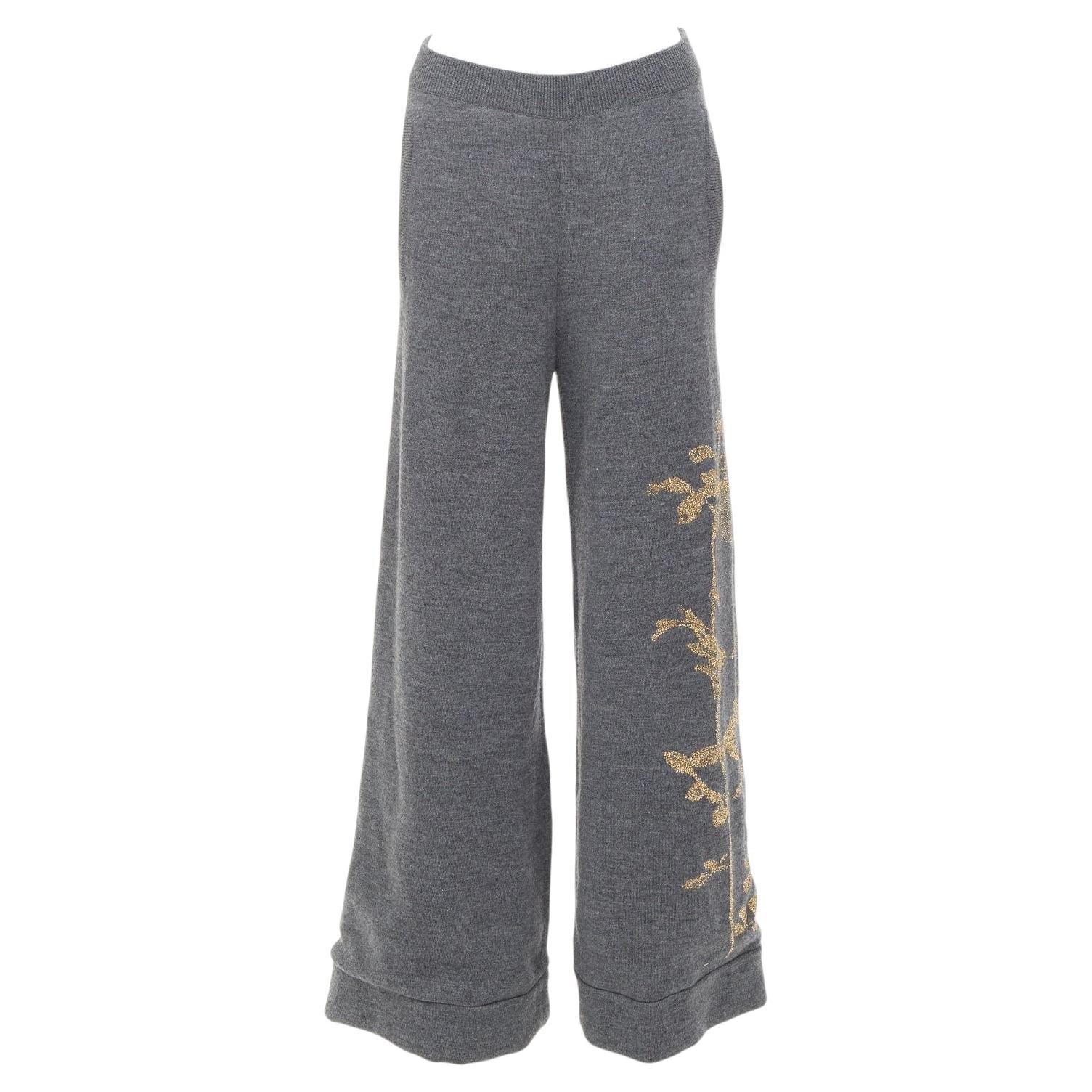 DRIES VAN NOTEN 2017 Merinowolle Gold Metallic Floral Intarsien Hose mit weitem Bein S im Angebot