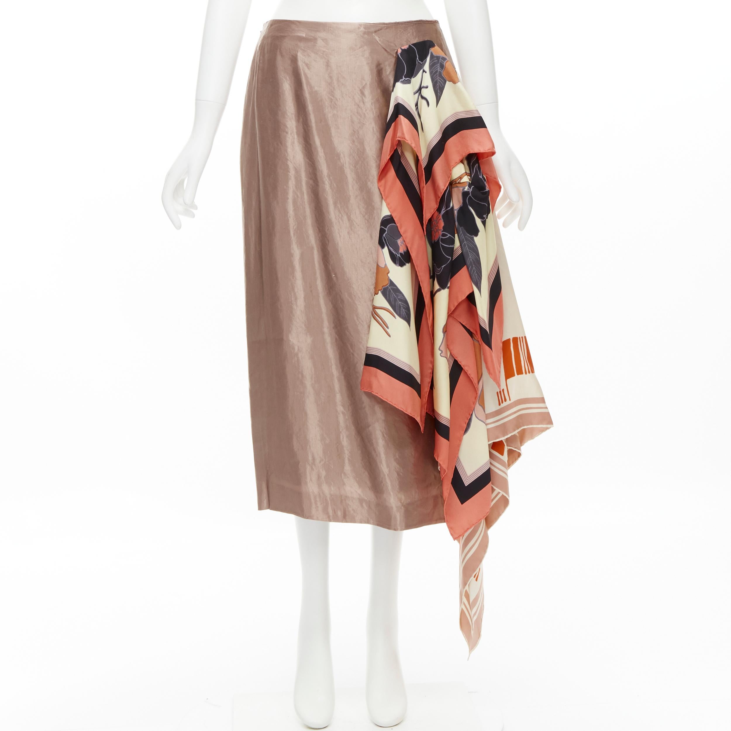 DRIES VAN NOTEN 2018 pink linen cupro draped floral scarf ruffle skirt FR40 M 5