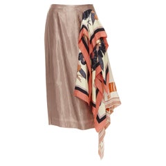 DRIES VAN NOTEN 2018 pink linen cupro draped floral scarf ruffle skirt FR40 M