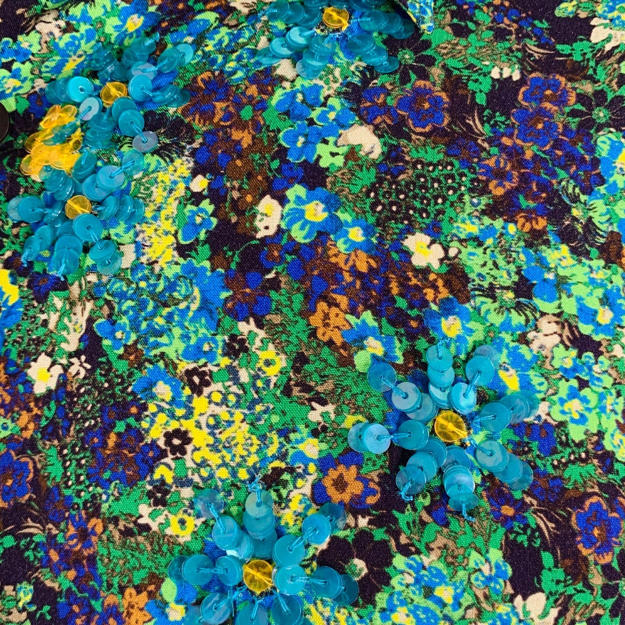DRIES VAN NOTEN 2020 long sleeve shirt
 in a blue green viscose fabric featuring a floral print with sequined flower embellishments, spread collar, and button closure. Very Good Pre-Owned Condition. Some missing sequins. 
 
 Marked: IT 46 
 
