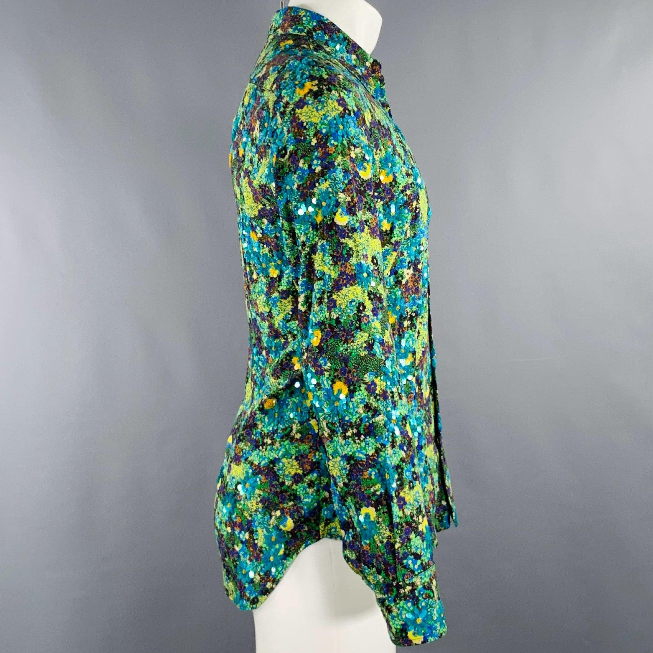 DRIES VAN NOTEN 2020 Size 36 Blue Green Sequined Viscose Long Sleeve Shirt In Good Condition In San Francisco, CA