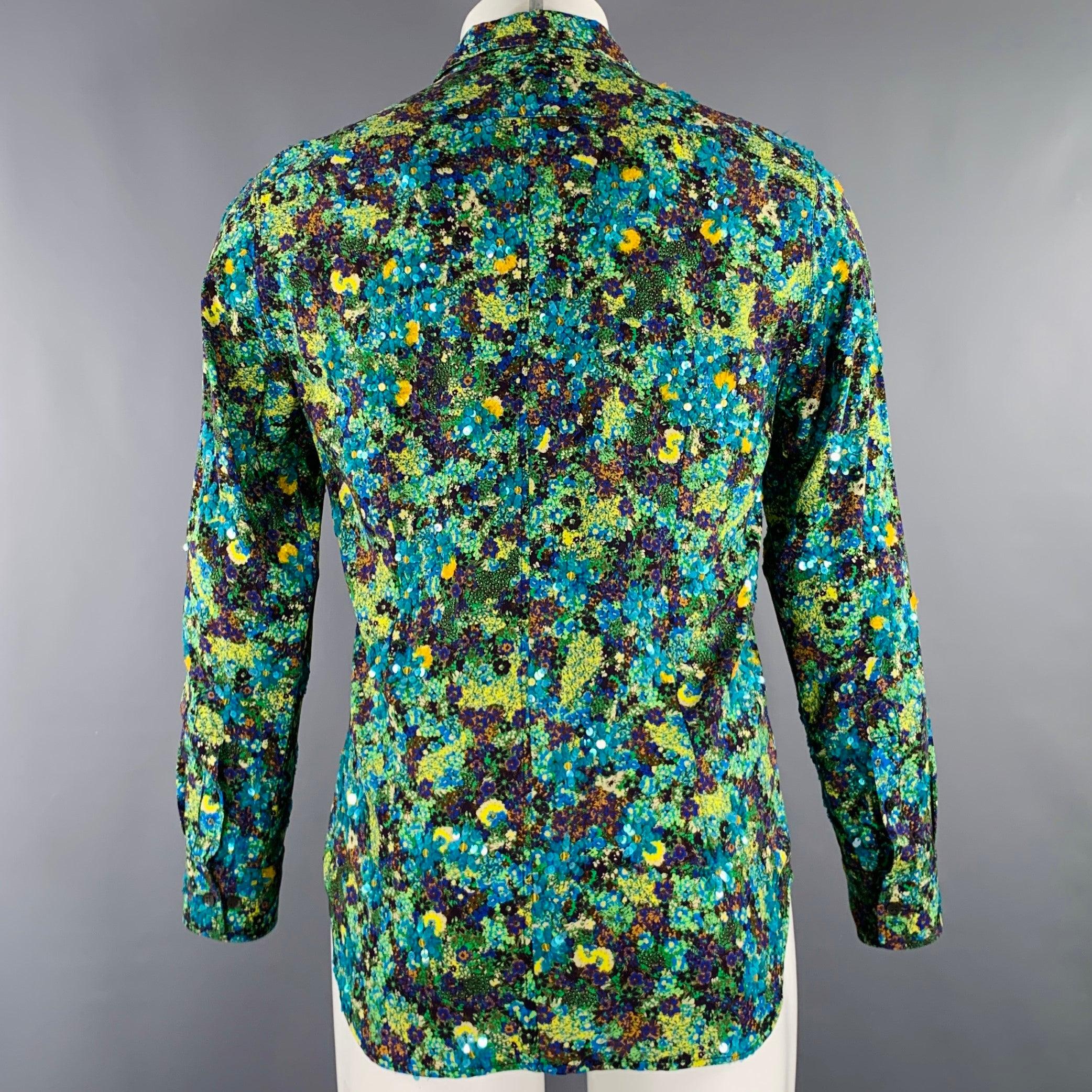 Men's DRIES VAN NOTEN 2020 Size 36 Blue Green Sequined Viscose Long Sleeve Shirt