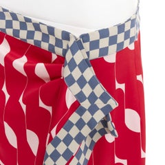 DRIES VAN NOTEN 2024 red silk geometric print wrap checkered midi skirt FR38 M