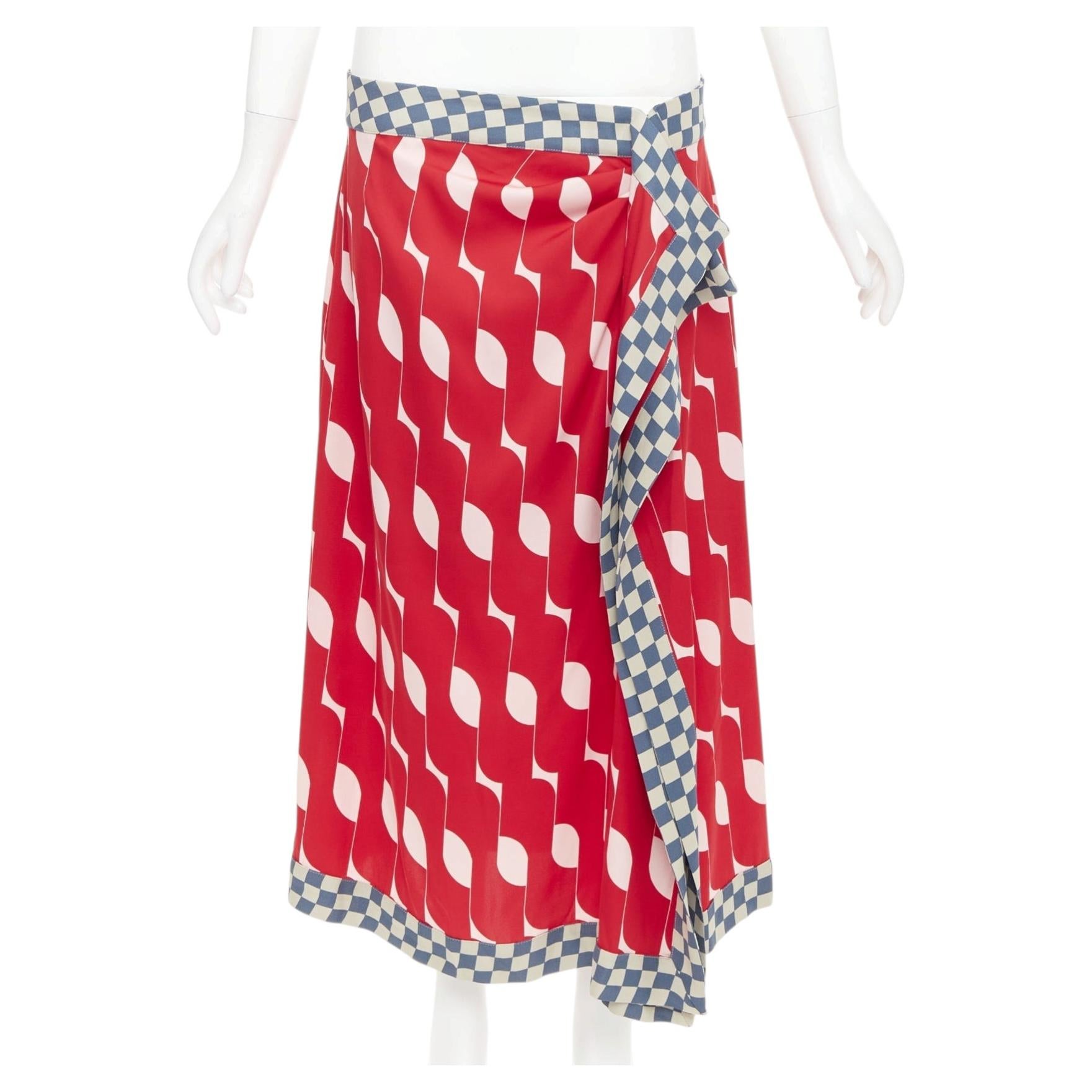 DRIES VAN NOTEN 2024 red silk geometric print wrap checkered midi skirt FR38 M For Sale