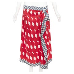 DRIES VAN NOTEN 2024 red silk geometric print wrap checkered midi skirt FR38 M
