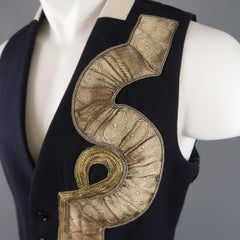 DRIES VAN NOTEN 38 Navy & Black Gold Patch Black Quilted Back Vest