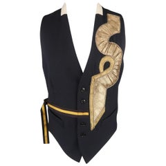 DRIES VAN NOTEN 38 Navy & Black Gold Patch Black Quilted Back Vest