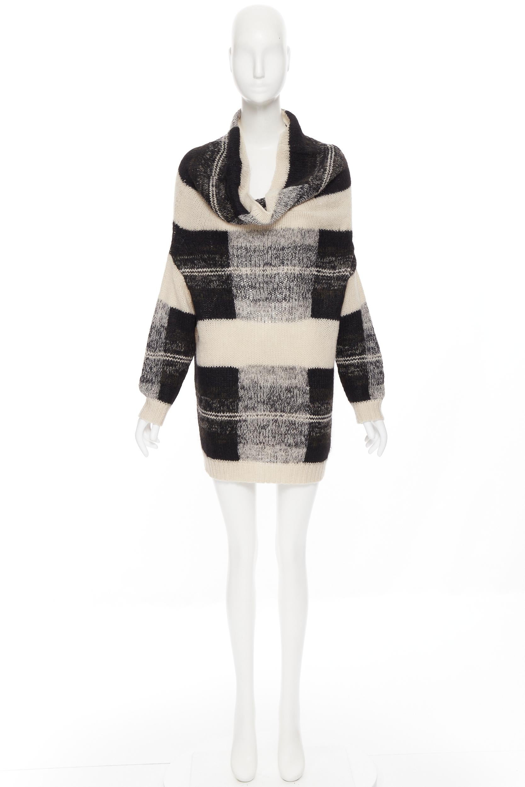 DRIES VAN NOTEN alpaca wool beige black check knit cowl neck sweater dress S 1