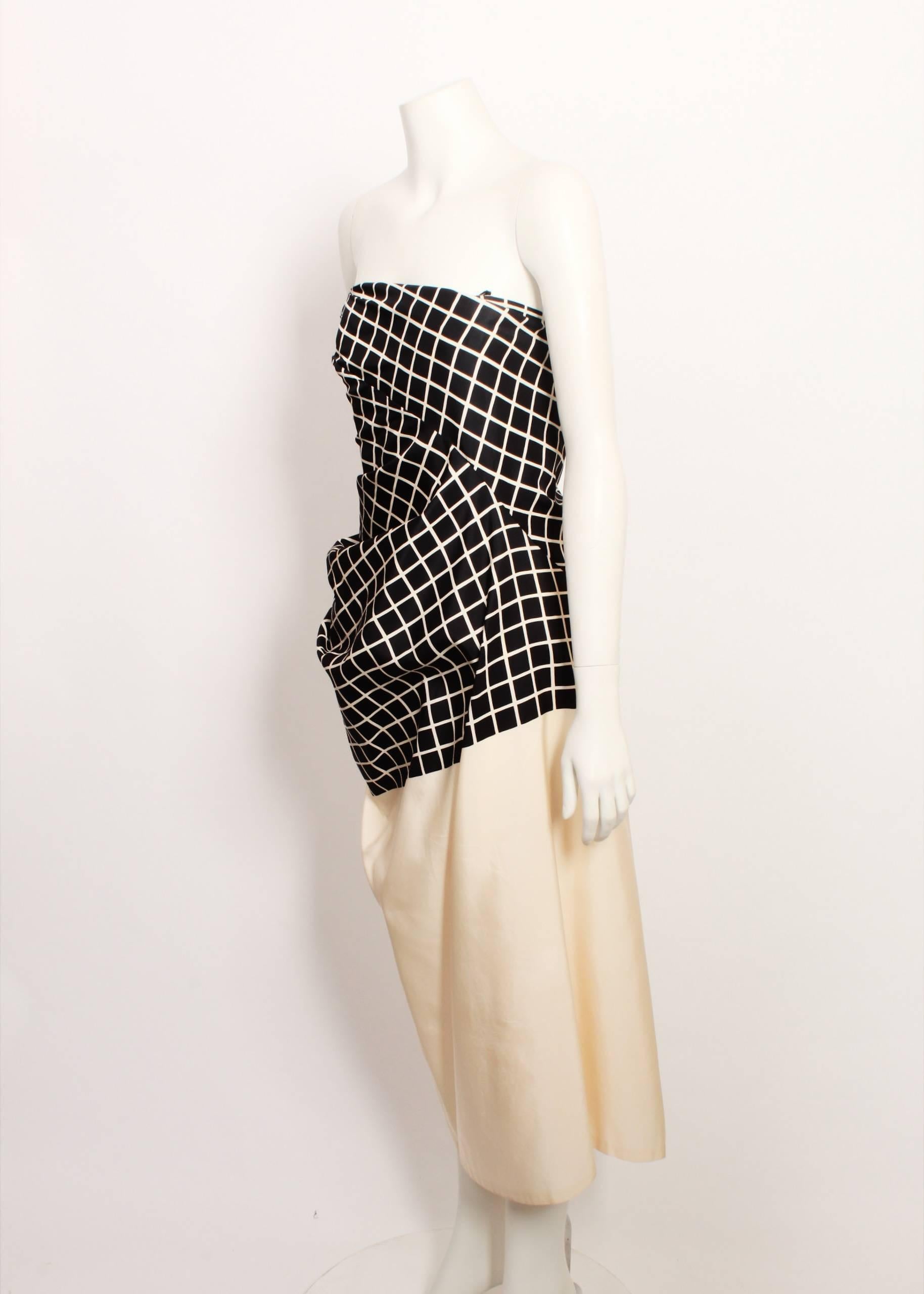 Dries Van Noten asymmetric strapless dress in graphic black and cream checked taffeta. Made in Belgium. Size Small.