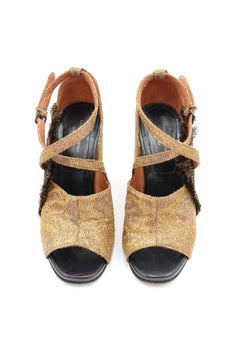 DRIES VAN NOTEN AW 2015 Gold Brokat Fransen Block Heel Sandalen