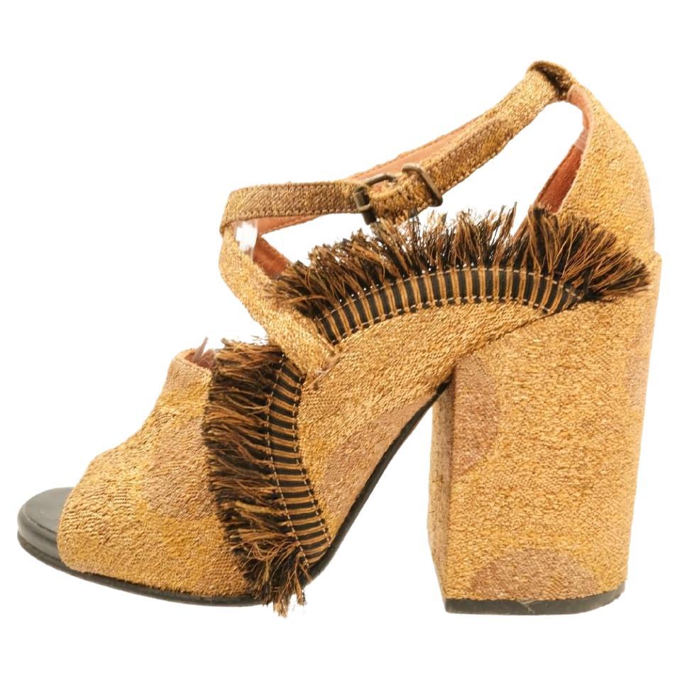 DRIES VAN NOTEN AW 2015 Gold Brocade Fringe Block Heel Sandals For Sale