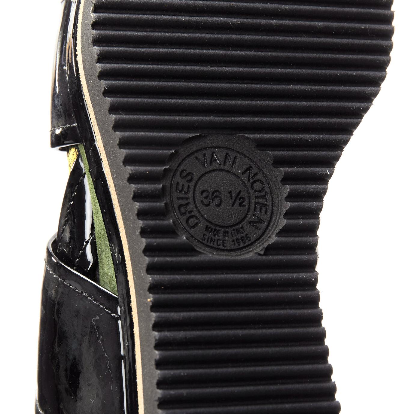 DRIES VAN NOTEN balck patent floral broade green suede platform sandal EU36.5 For Sale 6