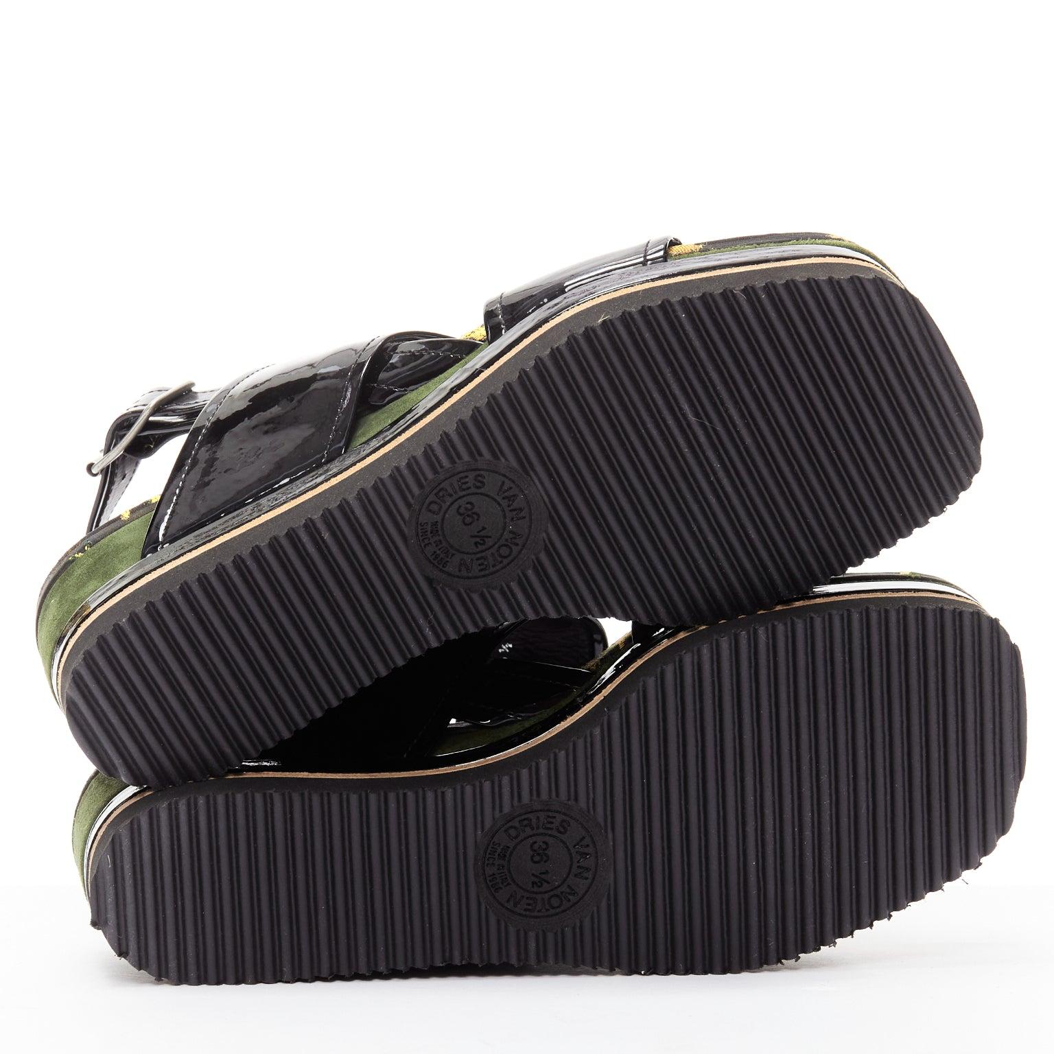 DRIES VAN NOTEN balck patent floral broade green suede platform sandal EU36.5 For Sale 7