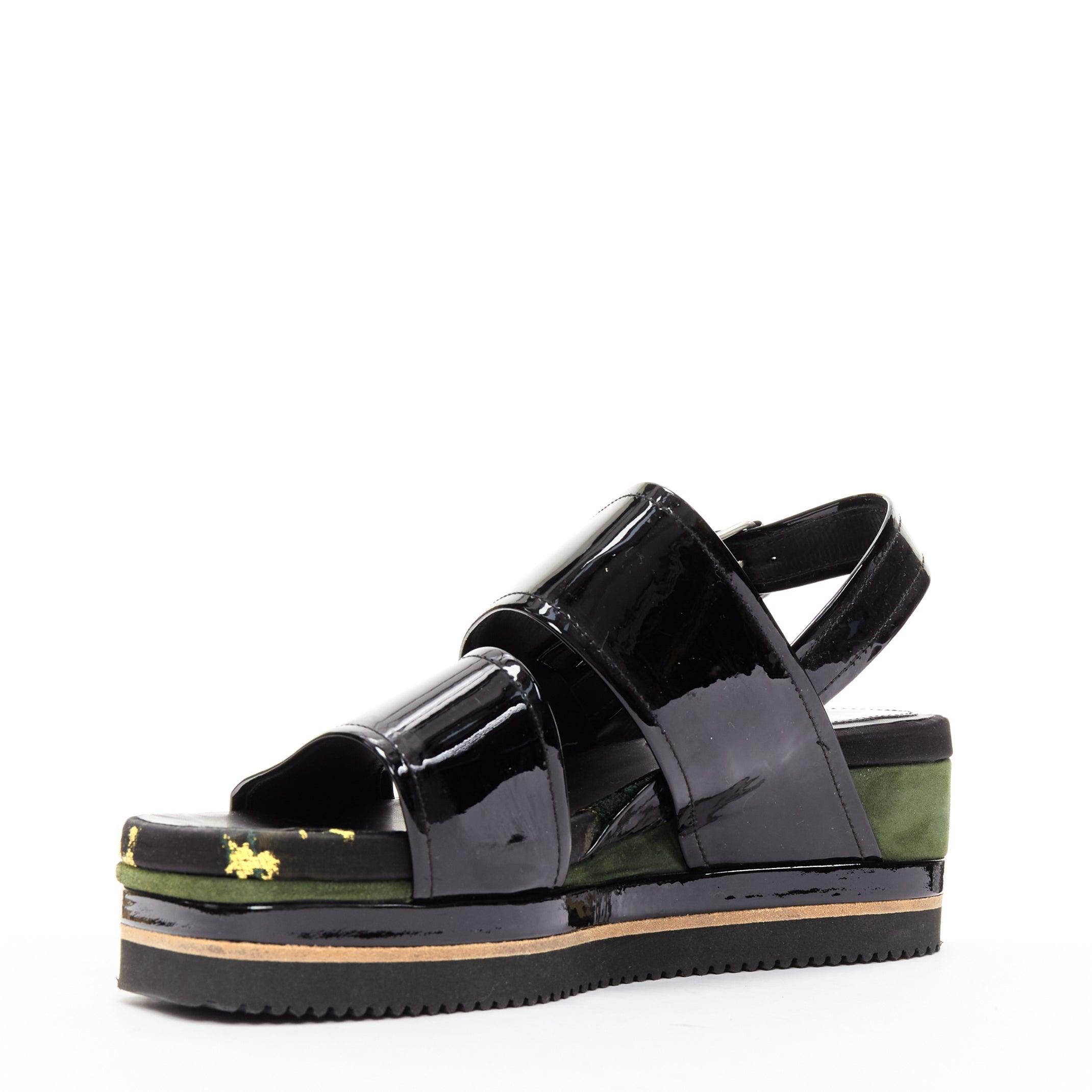 Women's DRIES VAN NOTEN balck patent floral broade green suede platform sandal EU36.5 For Sale