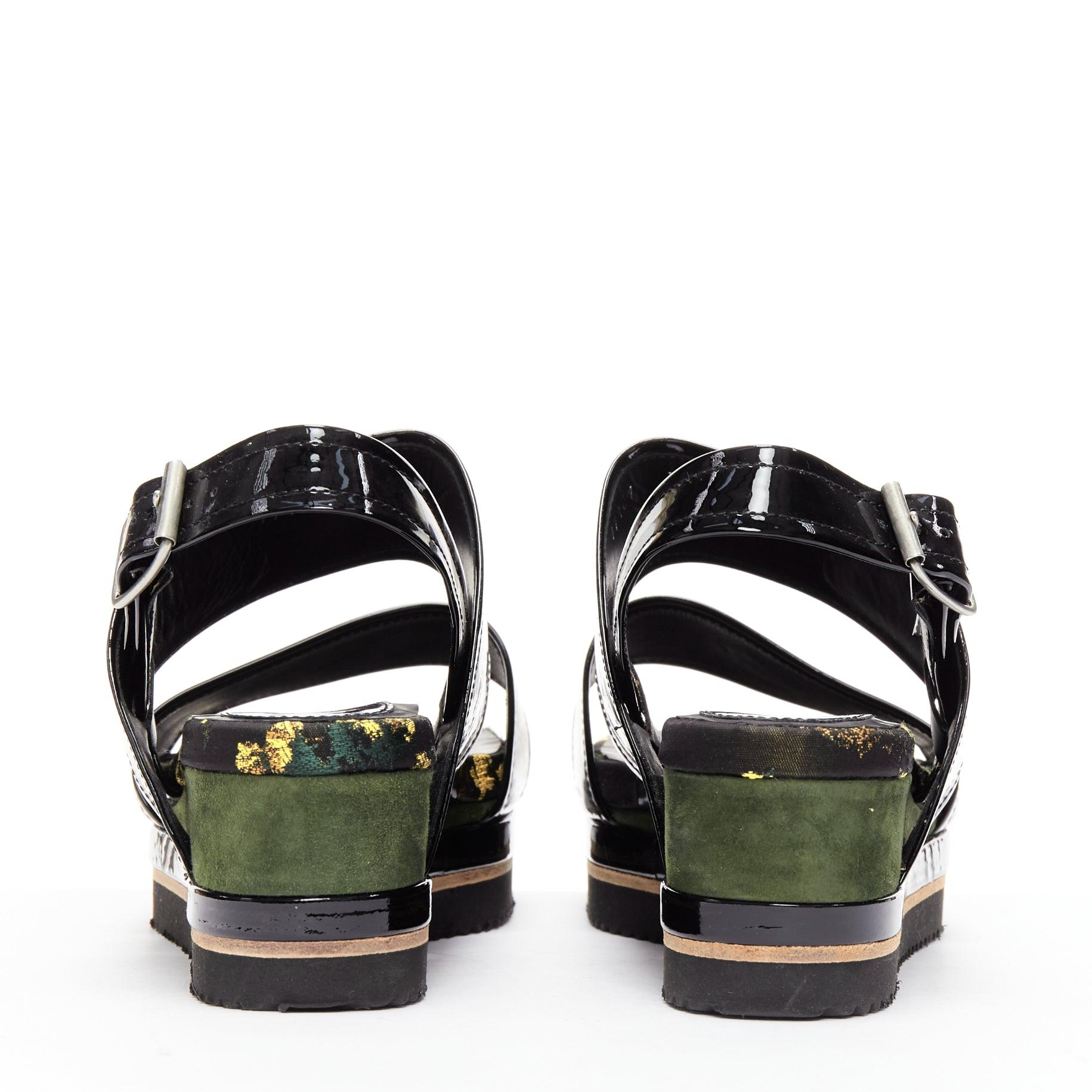 DRIES VAN NOTEN balck patent floral broade green suede platform sandal EU36.5 For Sale 1