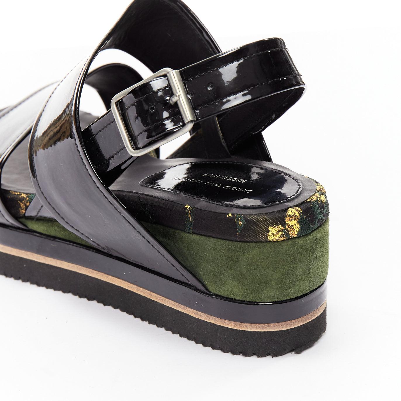 DRIES VAN NOTEN balck patent floral broade green suede platform sandal EU36.5 For Sale 4