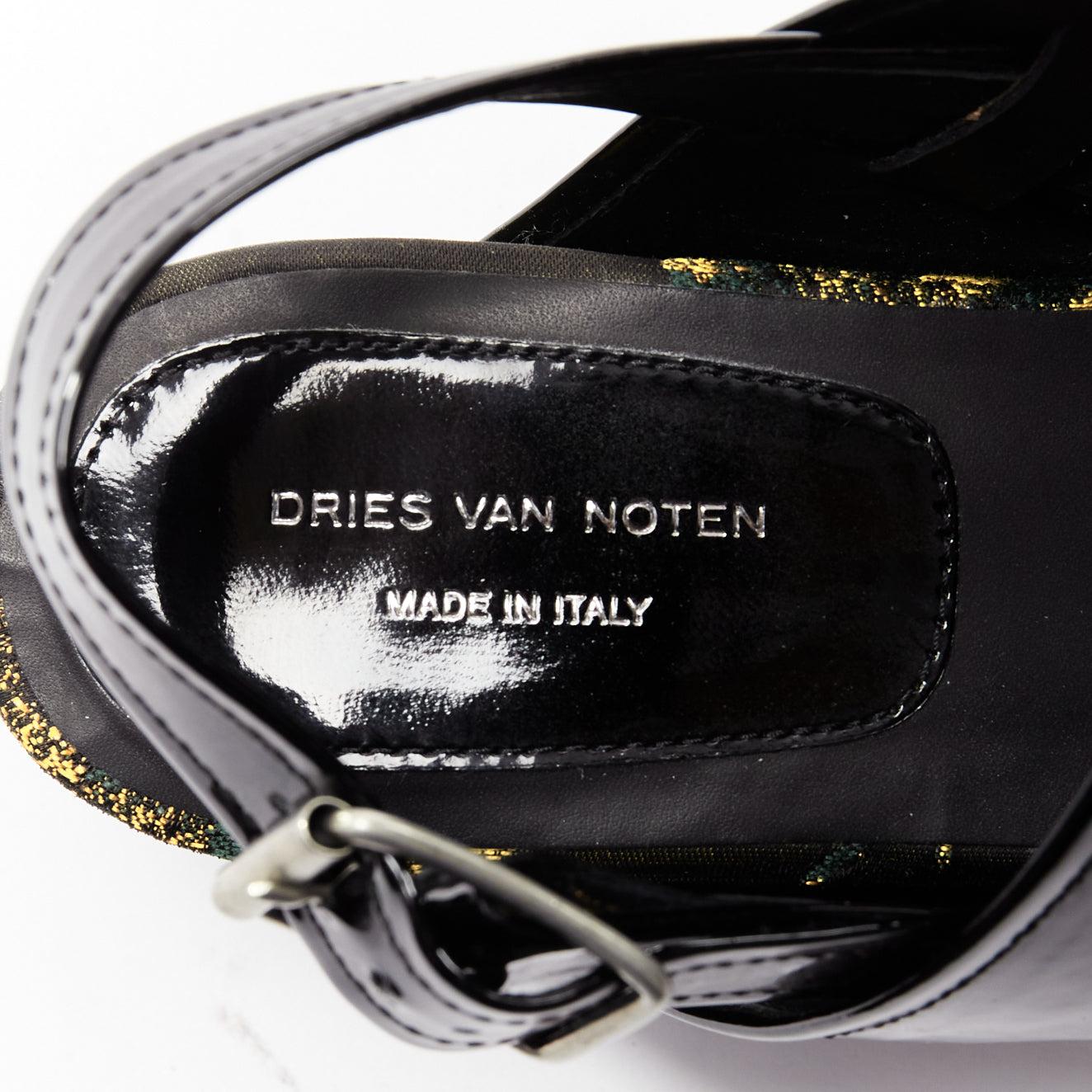 DRIES VAN NOTEN balck patent floral broade green suede platform sandal EU36.5 For Sale 5