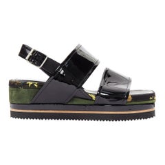 DRIES VAN NOTEN balck patent floral broade green suede platform sandal EU36.5
