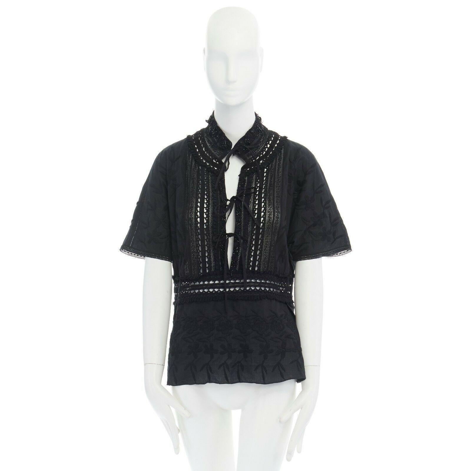 Black DRIES VAN NOTEN bead embellished bohemian embroidered tie front cotton top FR40