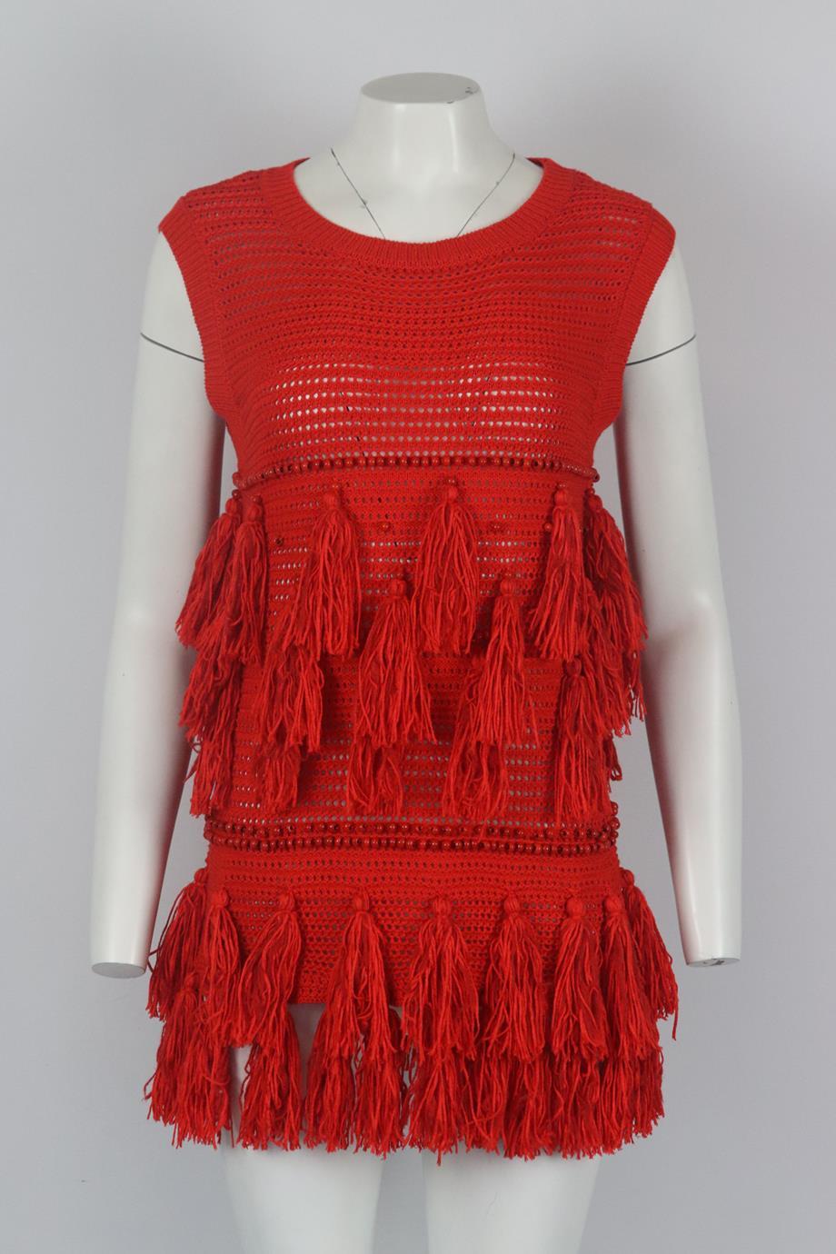 Dries Van Noten beaded tasselled crochet knit top. Red. Sleeveless, crewneck. Slips on. 100% Acrylic. Size: Medium (UK 10, US 6, IT 42, FR 38). Bust: 35 in. Waist: 35 in. Hips: 41 in. Length: 24 in. Very good condition - No sign of wear; see