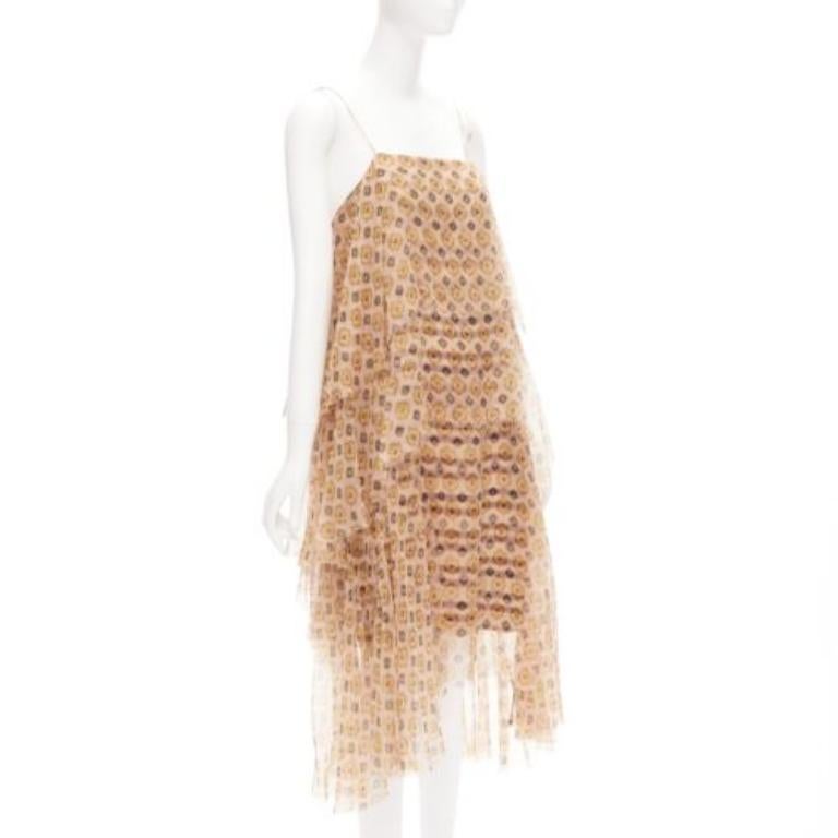 Beige DRIES VAN NOTEN beige 100% silk pixel print tiered striped cocktail dress FR38 M For Sale