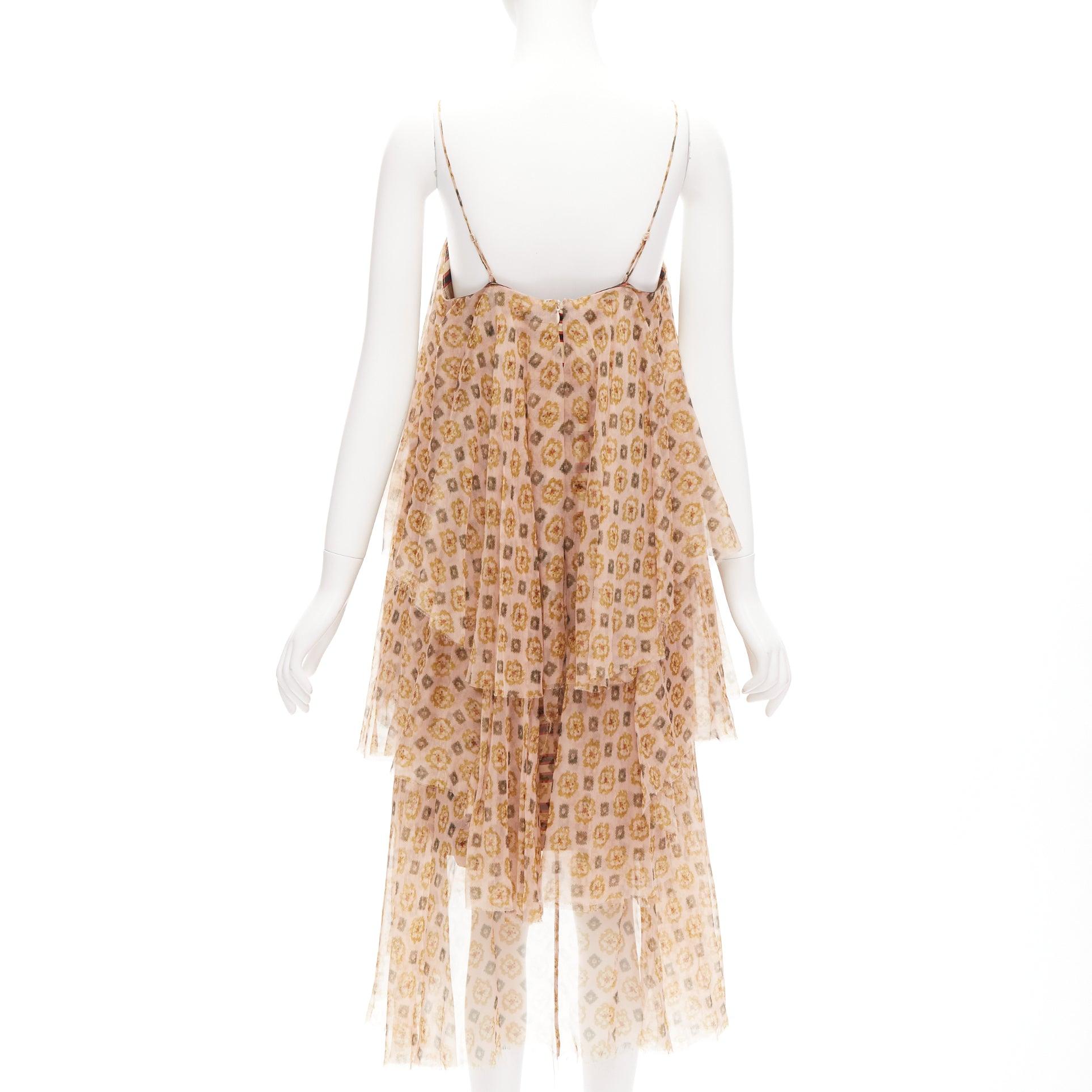 DRIES VAN NOTEN beige 100% silk pixel print tiered striped cocktail dress FR38 M In Excellent Condition For Sale In Hong Kong, NT