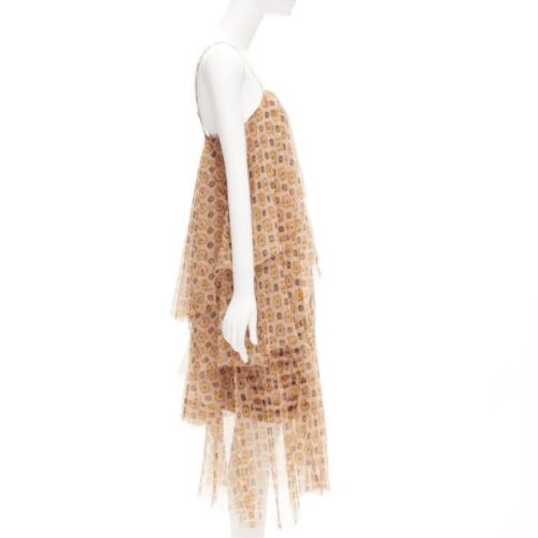 DRIES VAN NOTEN beige 100% silk pixel print tiered striped cocktail dress FR38 M In Excellent Condition For Sale In Hong Kong, NT