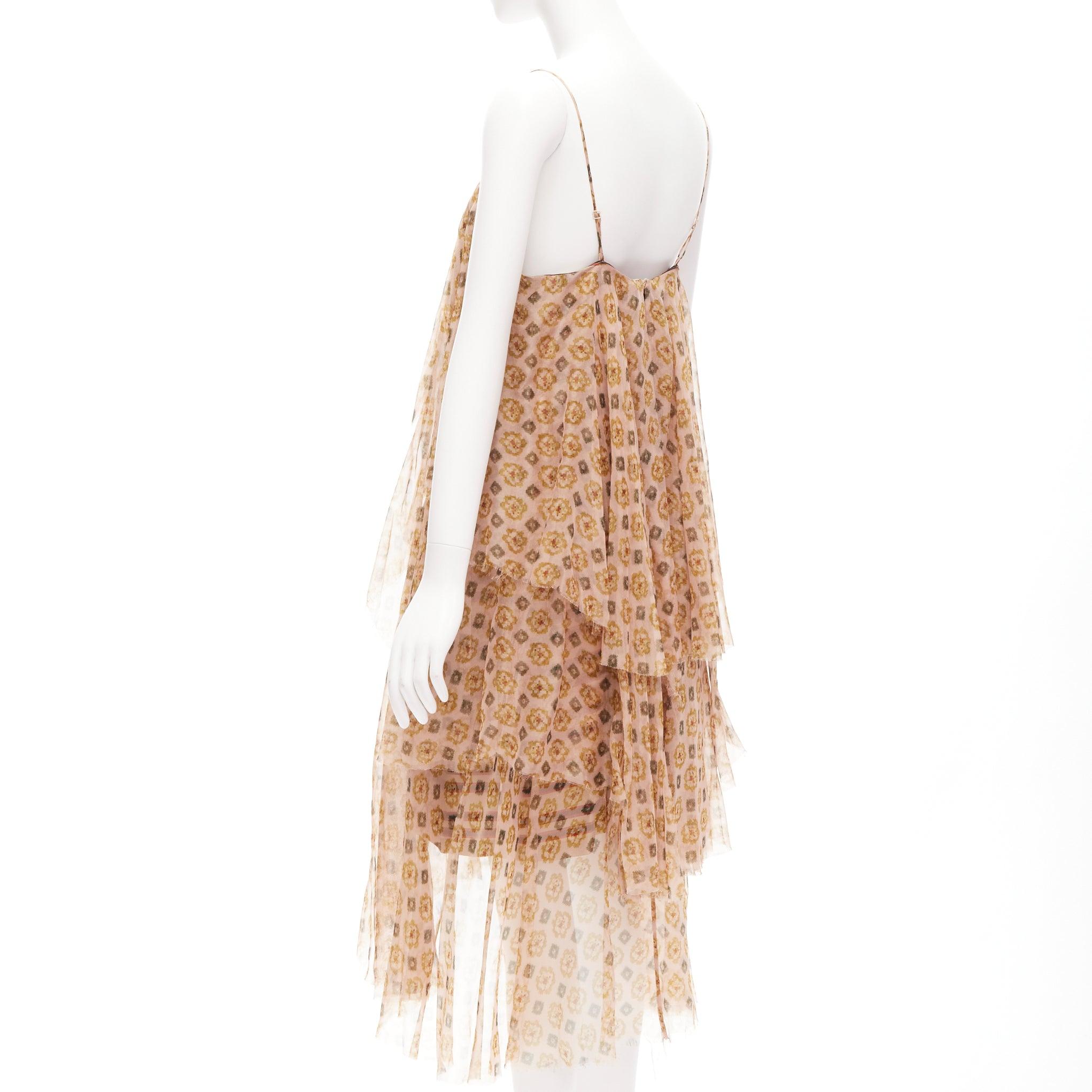 Women's DRIES VAN NOTEN beige 100% silk pixel print tiered striped cocktail dress FR38 M For Sale