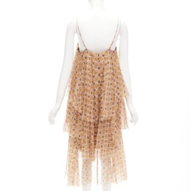 Women's DRIES VAN NOTEN beige 100% silk pixel print tiered striped cocktail dress FR38 M For Sale