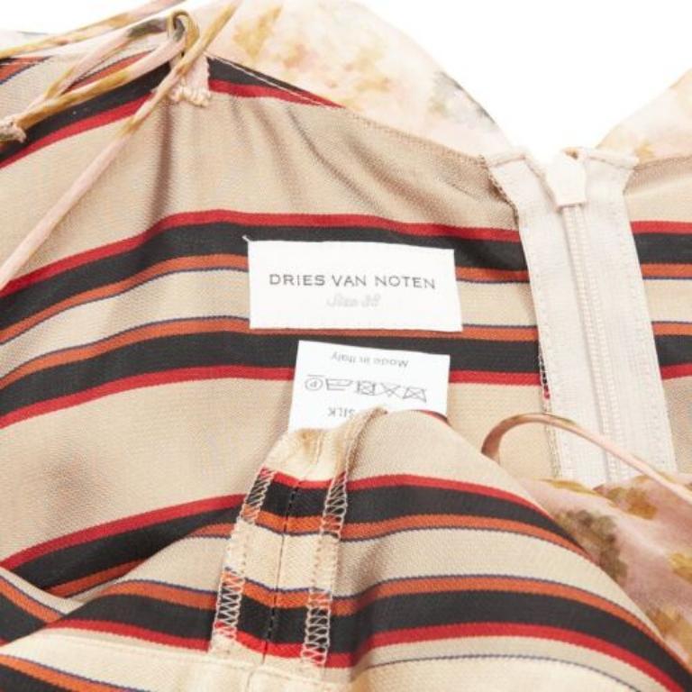 DRIES VAN NOTEN beige 100% silk pixel print tiered striped cocktail dress FR38 M For Sale 3
