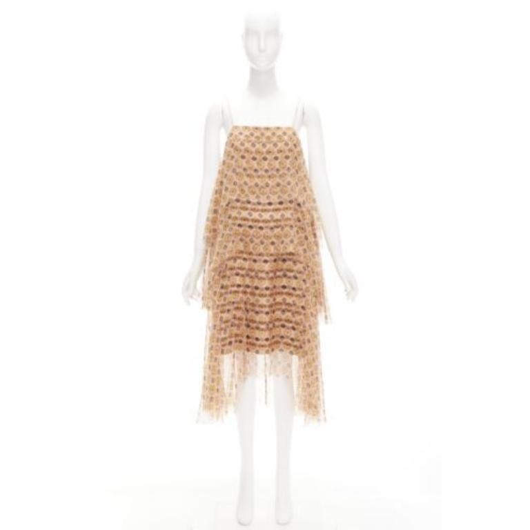 DRIES VAN NOTEN beige 100% silk pixel print tiered striped cocktail dress FR38 M For Sale 4