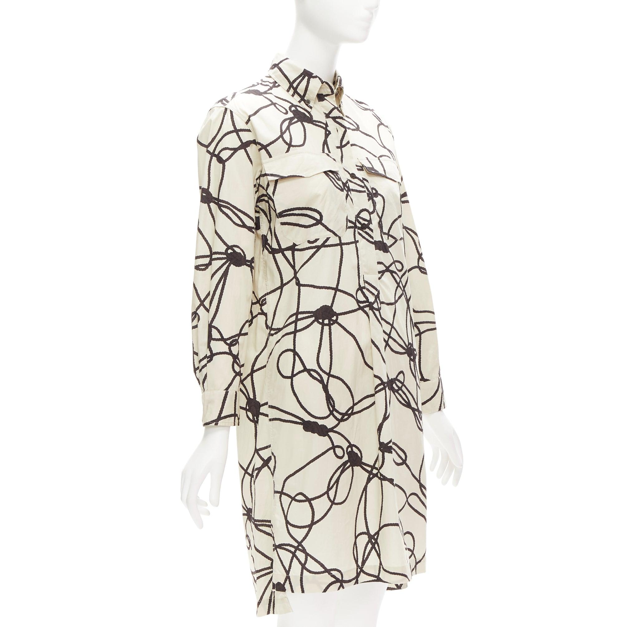 Beige DRIES VAN NOTEN beige black rope print cotton pocketed shirt dress FR34 XS For Sale