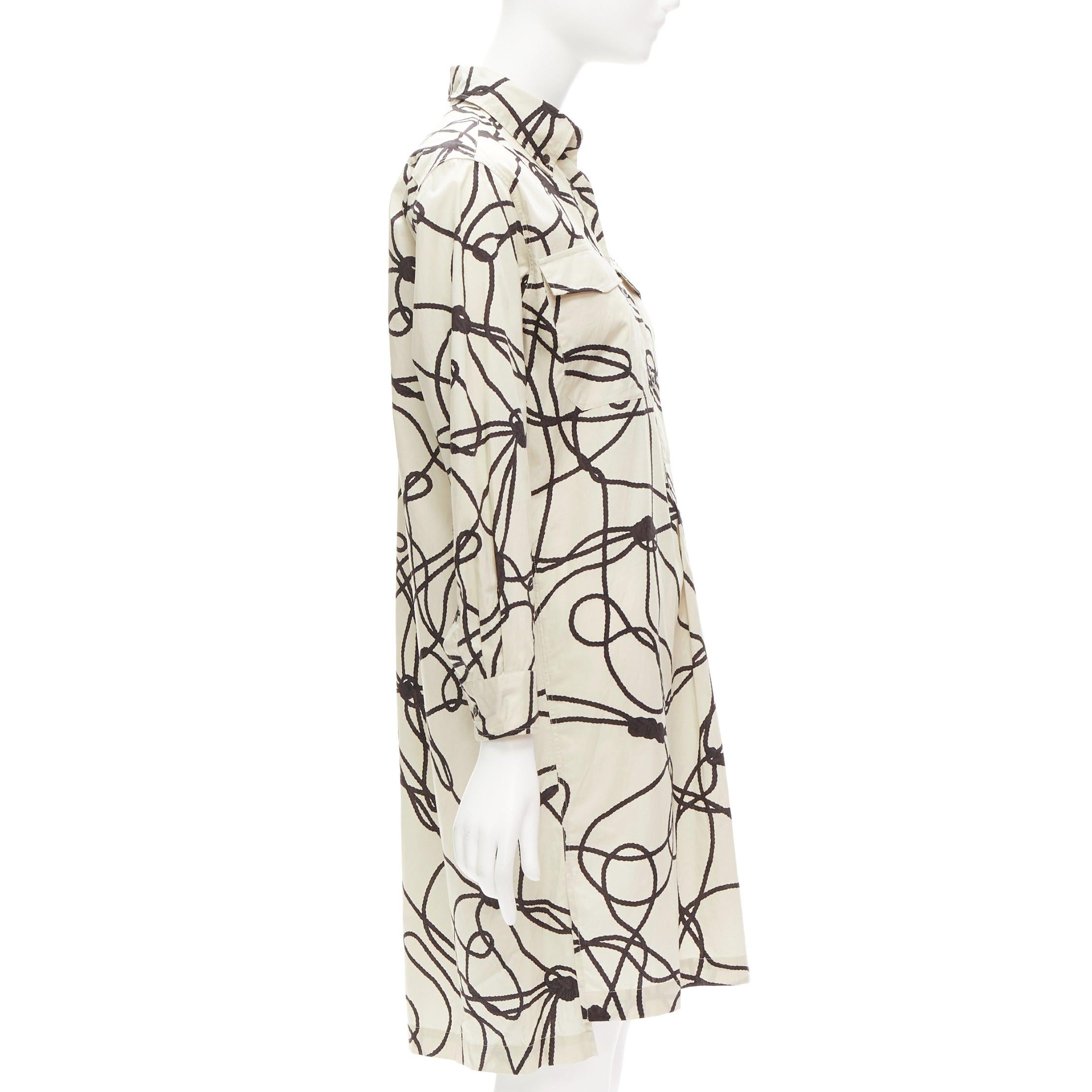 DRIES VAN NOTEN beige black rope print cotton pocketed shirt dress FR34 XS In Excellent Condition For Sale In Hong Kong, NT