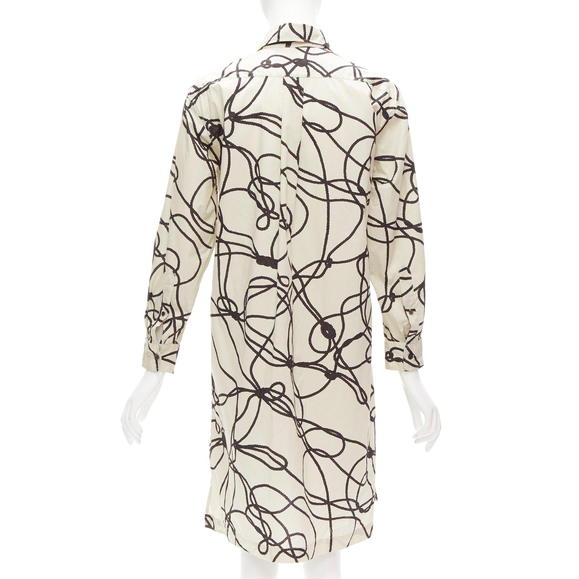 DRIES VAN NOTEN beige black rope print cotton pocketed shirt dress FR34 XS In Excellent Condition For Sale In Hong Kong, NT